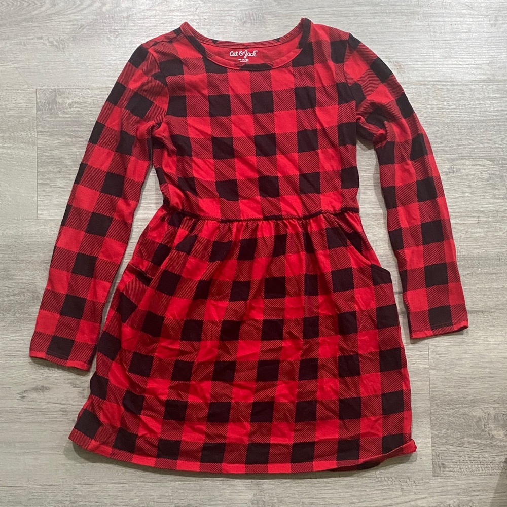 Cat & Jack Red,Black Buffalo Plaid midi dress size 7/8